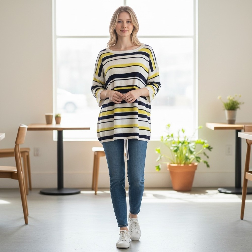 T by Talbots Striped Terry Cloth Pullover Sweater Boatneck Blue Yellow 2XL